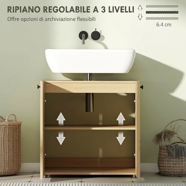 HOMCOM Mobile Sottolavabo per Bagno con 2 Ante Chiusura Morbida, Ripiano Regolabile, per Lavabi senza Colonna, Rovere | Aosom Italy