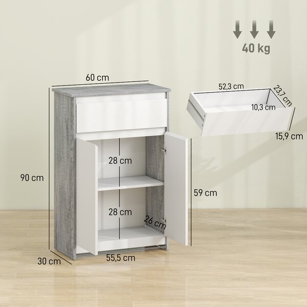 Kleankin Mobile Bagno Autoportante con Cassetto e Ante Doppie, Grigio-Bianco | Aosom Italy