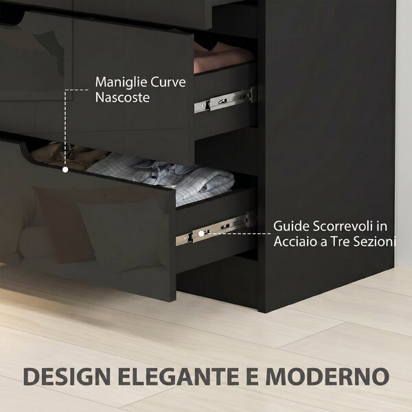 HOMCOM Cassettiera 4 Cassetti Moderna e Minimal in Legno, 60x40x85 cm, Nero Lucido | Aosom Italy