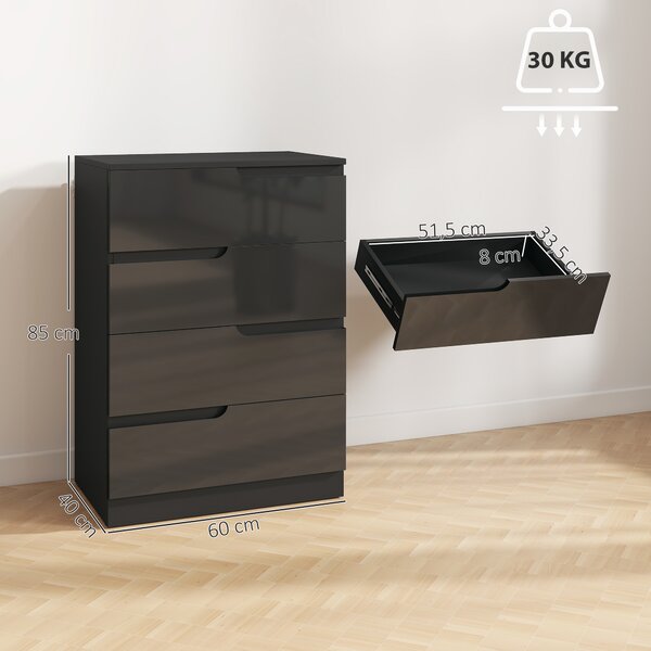 HOMCOM Cassettiera 4 Cassetti Moderna e Minimal in Legno, 60x40x85 cm, Nero Lucido | Aosom Italy