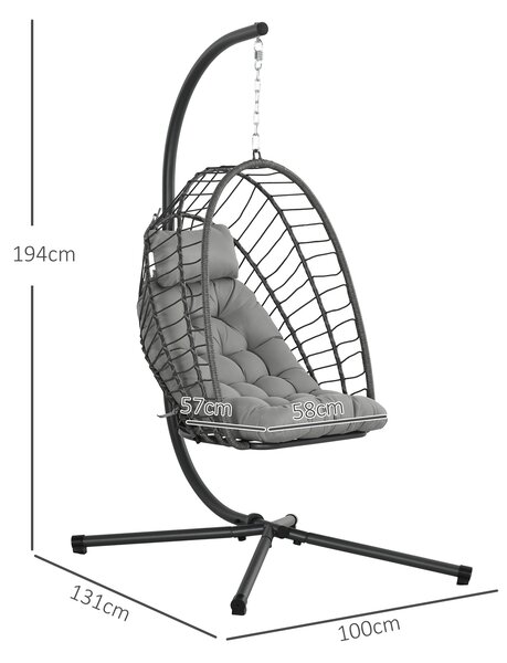 Outsunny Poltrona Sospesa in Rattan PE con Cuscino, Seduta Pieghevole e Struttura in Acciaio, Grigio|Aosom