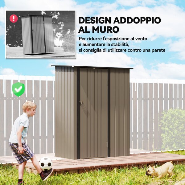 Outsunny Casetta da Giardino con Porta Bloccabile, Capanno Porta Attrezzi in Metallo con Tetto Inclinato, 142x86x189 cm, Marrone | Aosom Italy