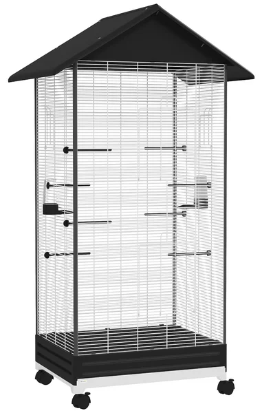 PawHut Gabbia per Uccelli con Ruote e Vassoio Estraibile, Voliera Alta 155 cm con Posatoi e Mangiatoie, Nero