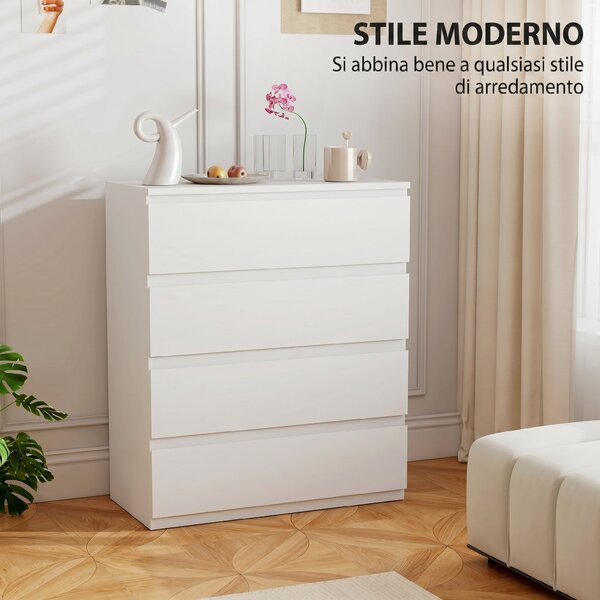 HOMCOM Cassettiera 4 Cassetti Moderna senza Maniglie per Camera e Soggiorno, 80x39x95 cm, Bianco | Aosom Italy