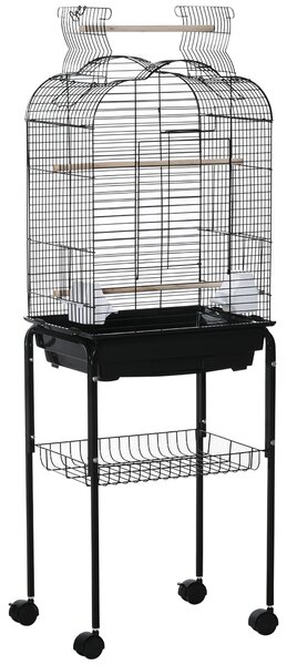 PawHut Gabbia per Uccelli con 3 Posatoi, 2 Ciotole e 2 Porte Laterali, in Acciaio, PP e Legno, 46x36x130 cm, Nera|Aosom