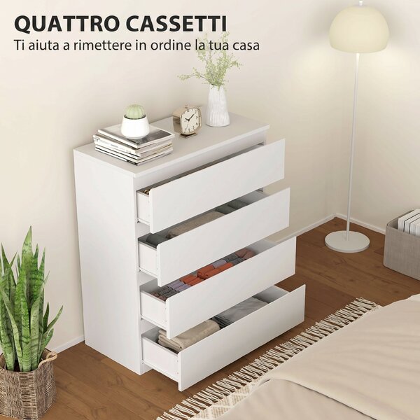 HOMCOM Cassettiera 4 Cassetti Moderna senza Maniglie per Camera e Soggiorno, 80x39x95 cm, Bianco | Aosom Italy
