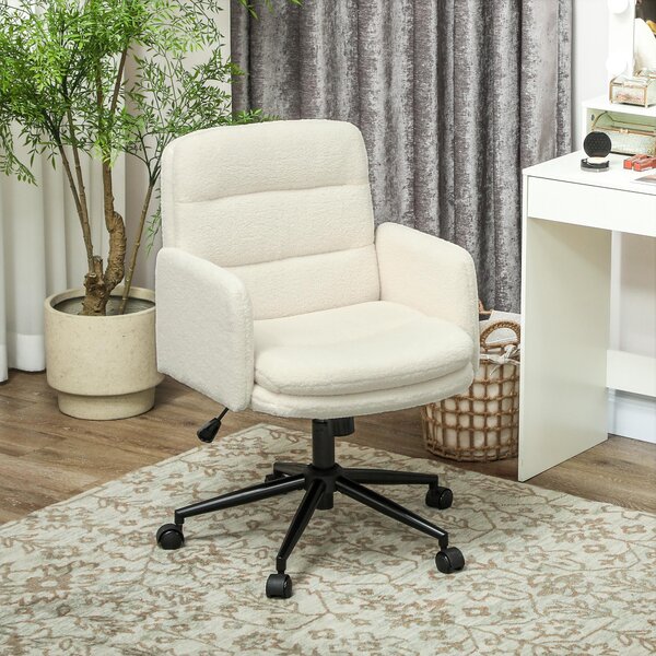 Sedia da ufficio mobile Sweiko, rivestita in tessuto, con braccioli, 5 ruote, girevole, color crema