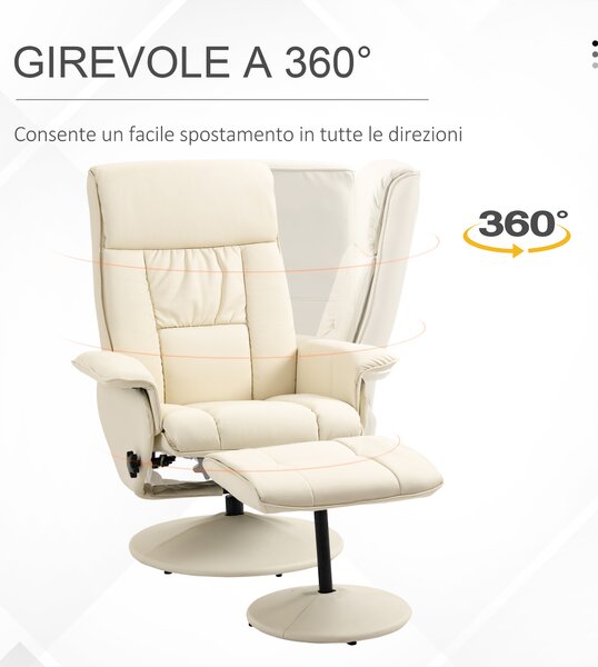 HOMCOM Poltrona Relax Reclinabile fino 135° con Seduta Girevole e Pouf, Poltrona con Poggiapiedi, 80x69x110cm, Crema|Aosom