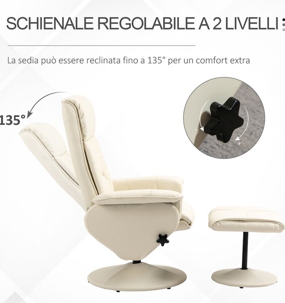 HOMCOM Poltrona Relax Reclinabile fino 135° con Seduta Girevole e Pouf, Poltrona con Poggiapiedi, 80x69x110cm, Crema|Aosom