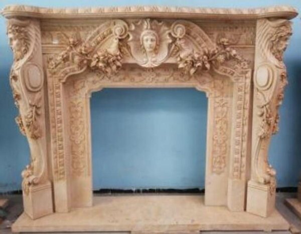 Casa Padrino: cornice per camino barocco beige 257 x 55 x H. 205 cm - Magnifica cornice per camino in marmo di alta qualità - Arredamento barocco