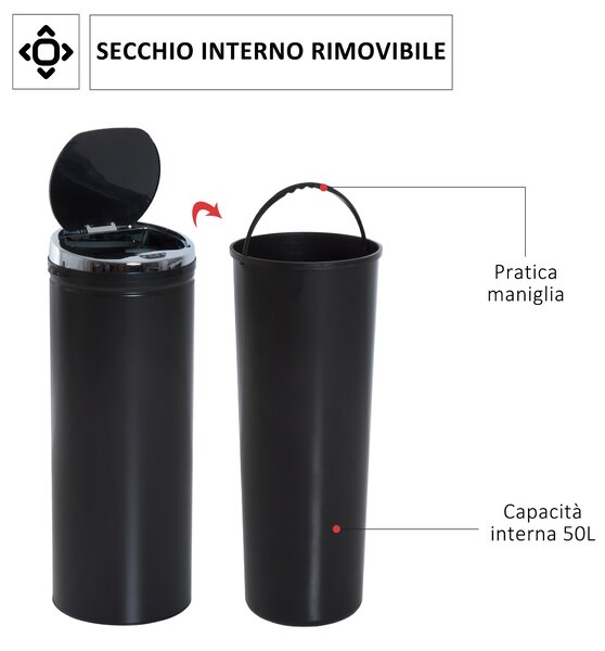 HOMCOM Pattumiera Automatica con Sensore a Infrarossi e Capacità 50L, Acciaio Inox e Plastica, Nero, 30.5x30.5x81.5cm|Aosom