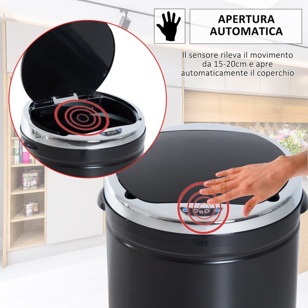 HOMCOM Pattumiera Automatica con Sensore a Infrarossi e Capacità 50L, Acciaio Inox e Plastica, Nero, 30.5x30.5x81.5cm|Aosom