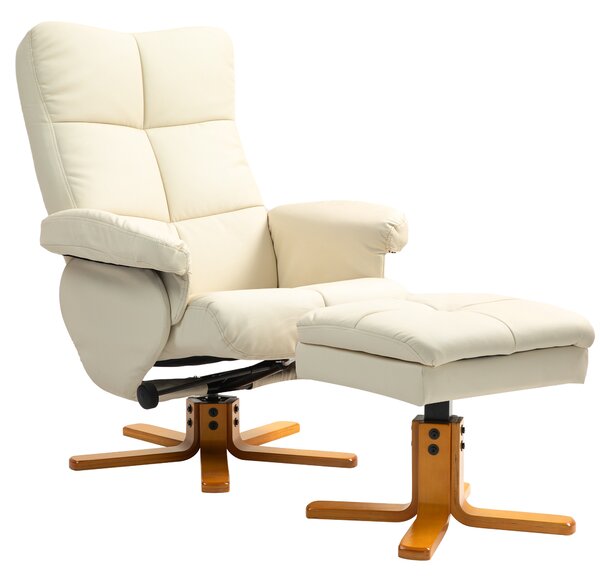 HOMCOM Poltrona Relax con Pouf, Schienale Regolabile a 145°, Girevole a 360°, Similpelle, Bianco Crema