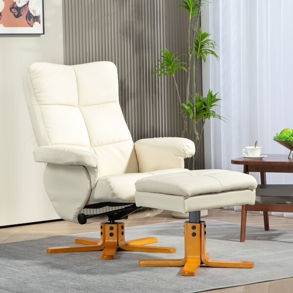HOMCOM Poltrona Relax con Pouf, Schienale Regolabile a 145°, Girevole a 360°, Similpelle, Bianco Crema