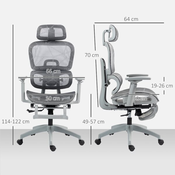 HOMCOM Sedia da ufficio, sedia da scrivania ergonomica con rivestimento in rete, regolabile, con ruote, con braccioli, poggiatesta, Grigio | Aosom Italy