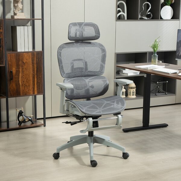 HOMCOM Sedia da ufficio, sedia da scrivania ergonomica con rivestimento in rete, regolabile, con ruote, con braccioli, poggiatesta, Grigio | Aosom Italy