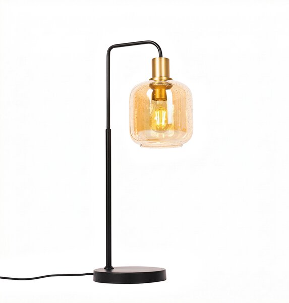 Lampada da tavolo di design nera con ottone e vetro ambrato - Zuzanna