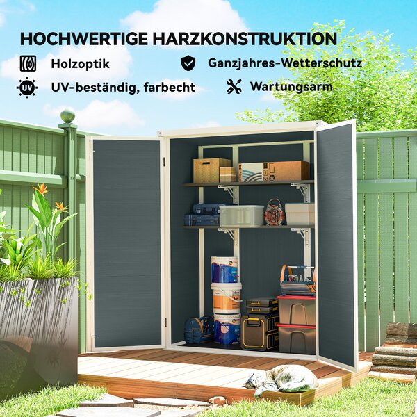 Outsunny Capanno attrezzi 0,8m², capanno con ripiani pieghevoli, 134 x 68,5 x 170 cm in plastica con doppia porta richiudibile, base | Aosom Italy