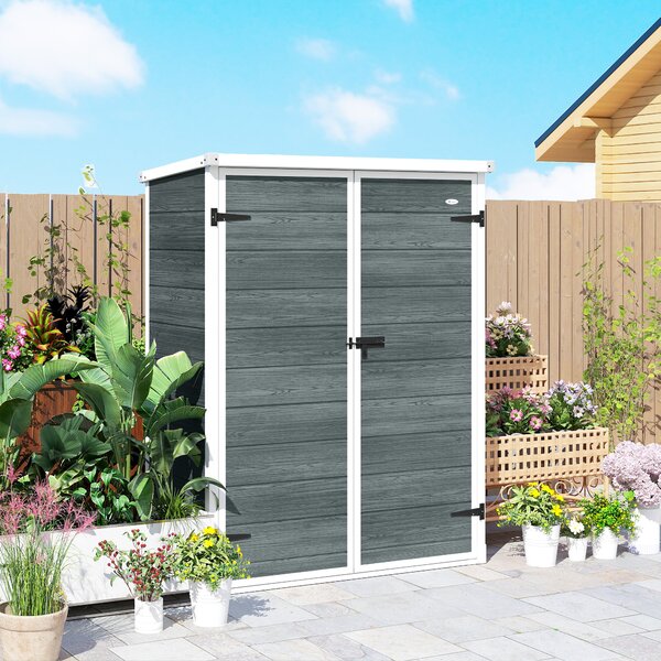 Outsunny Capanno attrezzi 0,8m², capanno con ripiani pieghevoli, 134 x 68,5 x 170 cm in plastica con doppia porta richiudibile, base | Aosom Italy