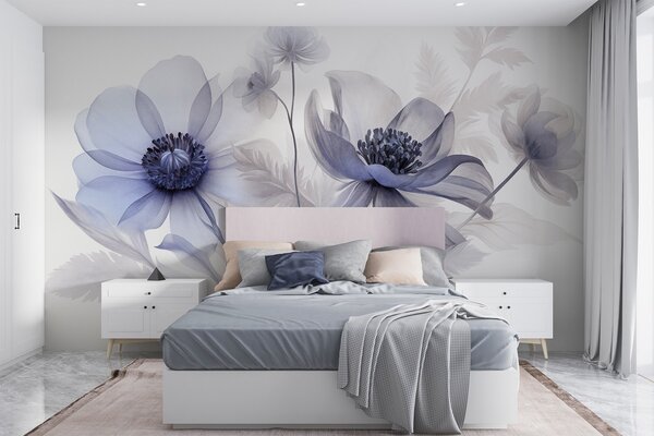 Carta da parati Fiori grandi, traslucidi, dai toni blu, con petali delicati, foglie piumate e, Carta da parati Buffer, w09900v1 : Uwalls.it
