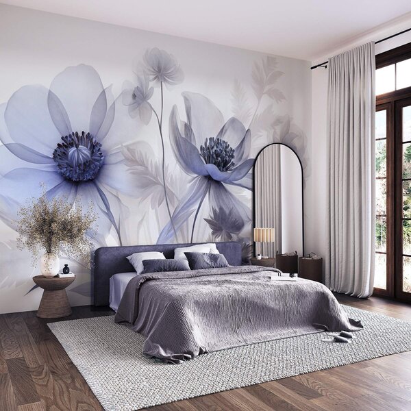 Carta da parati Fiori grandi, traslucidi, dai toni blu, con petali delicati, foglie piumate e, Carta da parati Buffer, w09900v1 : Uwalls.it