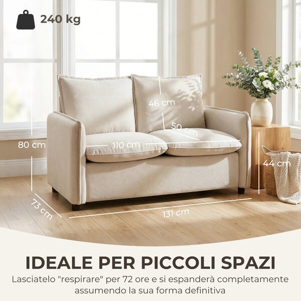 HOMCOM Divano 2 Posti Imbottito in Tessuto Effetto Pelle Traspirante, Imbottitura Spessa, 2 Cuscini, Braccioli, per Soggiorno, Crema | Aosom Italy