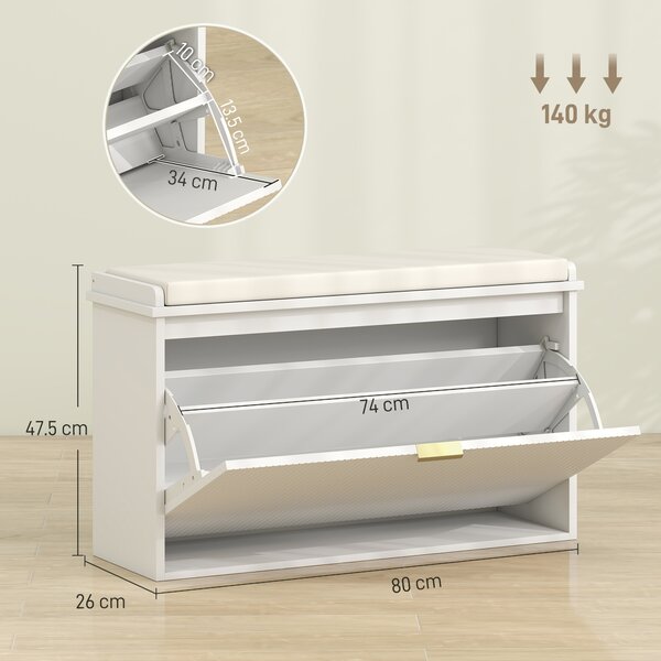 HOMCOM Panca Scarpiera con Ripiano Interno, in Legno e Tessuto Effetto Lino, 80x26x47.5 cm, Bianca e Beige