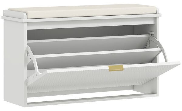 HOMCOM Panca Scarpiera con Ripiano Interno, in Legno e Tessuto Effetto Lino, 80x26x47.5 cm, Bianca e Beige