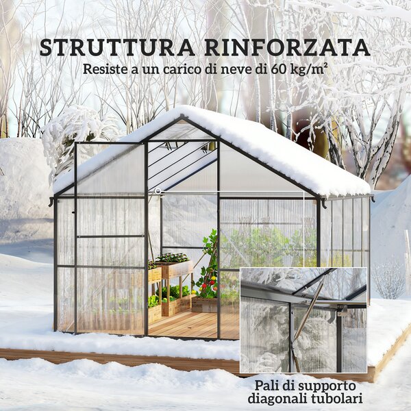 Outsunny Serra per Orto in PC e Alluminio con Porta a Battente e 2 Finestre Regolabili, 304x247x205 cm, Nero | Aosom Italy