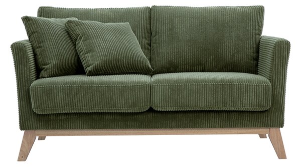 Divano scandinavo sfoderabile 2 posti in tessuto velluto a coste verde kaki e legno chiaro OSLO
