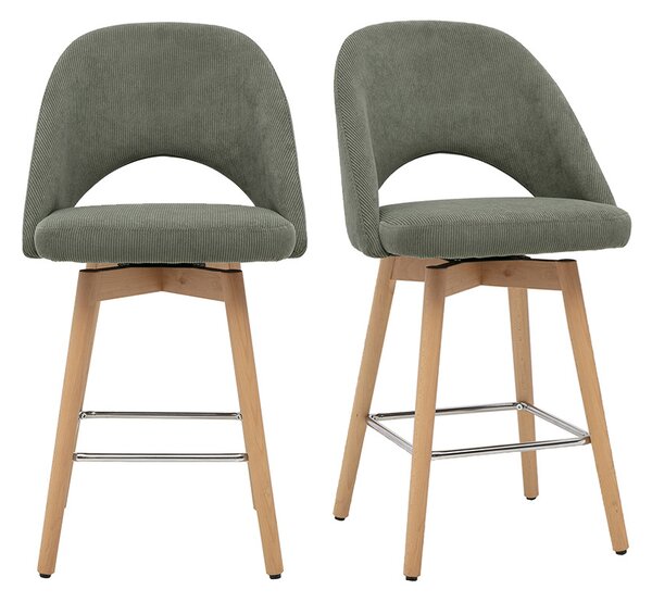 Sgabelli da bar scandinavi in tessuto velluto a coste verde kaki e legno massello di hevea 65 cm (set di 2) COSETTE