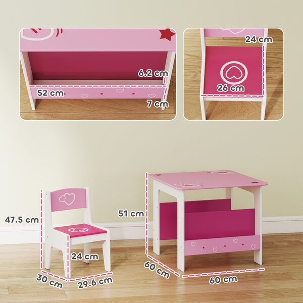 AIYAPLAY Set Tavolo con 2 Sedie per Bambini 3-8 Anni, Tavolino con Scaffale in Legno MDF con Disegni a Cuori, Rosa | Aosom Italy