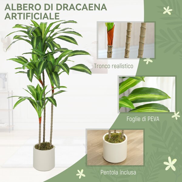 HOMCOM Pianta Artificiale di Dracena Verde in PEVA e Legno con Vaso Contenitore in PP e Cemento, 60x40x120 cm | Aosom Italy