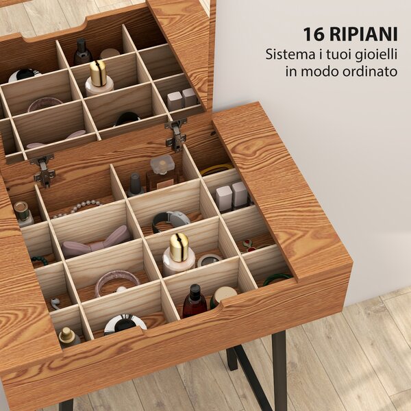 HOMCOM Tavolo Trucco con Specchio Ribaltabile e 16 Scomparti Stile Industriale, Legno e Acciaio, 60x40x90 cm | Aosom Italy