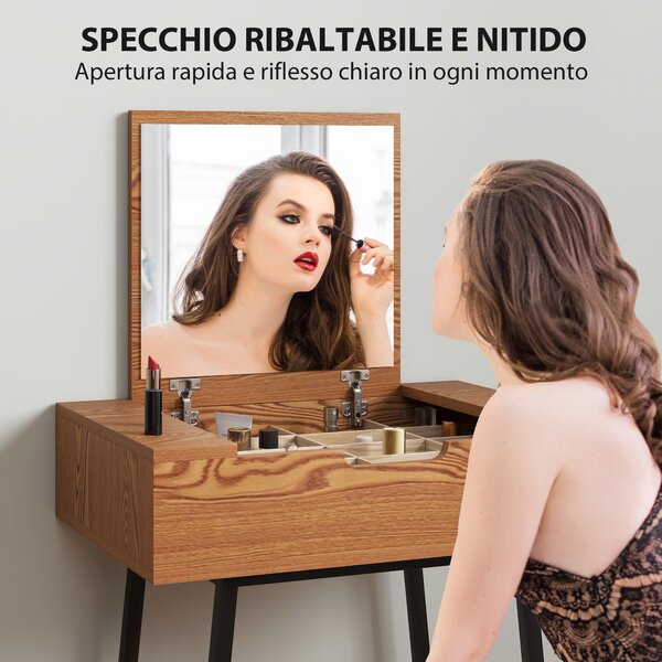 HOMCOM Tavolo Trucco con Specchio Ribaltabile e 16 Scomparti Stile Industriale, Legno e Acciaio, 60x40x90 cm | Aosom Italy