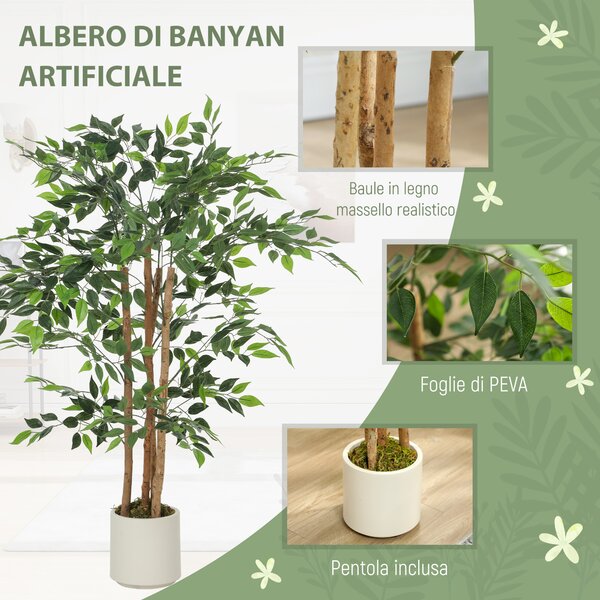 HOMCOM Pianta Artificiale di Baniano Verde in PEVA e Legno con Vaso Contenitore in PP e Cemento, 55x55x120 cm | Aosom Italy