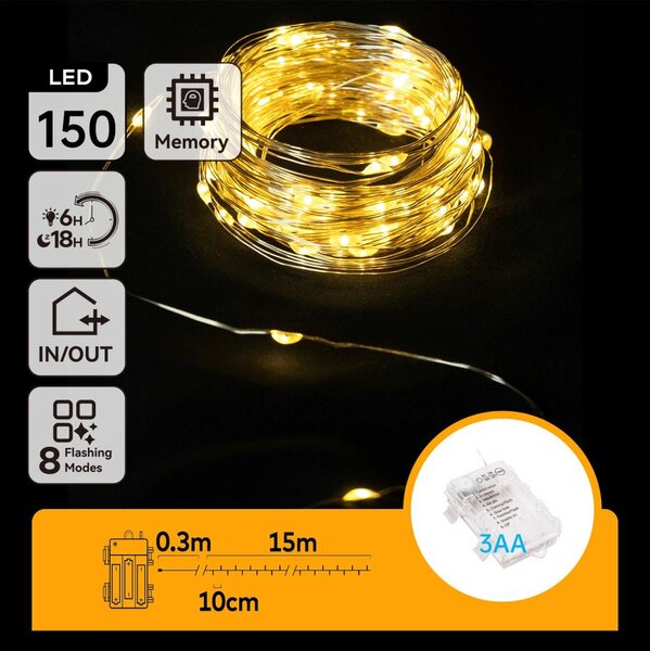 Aigostar - Catena luminosa LED per esterni 150xLED/8 funzioni 3xAA 15,3m IP44 bianco caldo