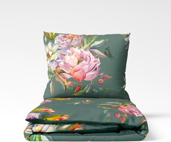 Lenzuolo matrimoniale in cotone sateen verde scuro 200 x 220 cm Floret - Bonami Selection