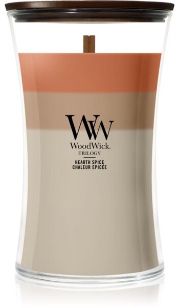 Woodwick Trilogy Hearth Spice candela profumata con stoppino in legno 610 g