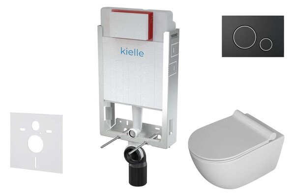 Kielle Genesis - Set con modulo di installazione, vaso WC Gaia, copriwater softclose e placca di comando Gemini II, nero opaco / cromo 30505SZ08