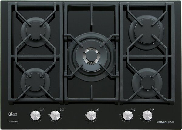 Glem Gas Piano Cottura 5 Fuochi a Gas Larghezza 70 cm (1 Bruciatore Tripla Corona) colore Nero - GV755XBK