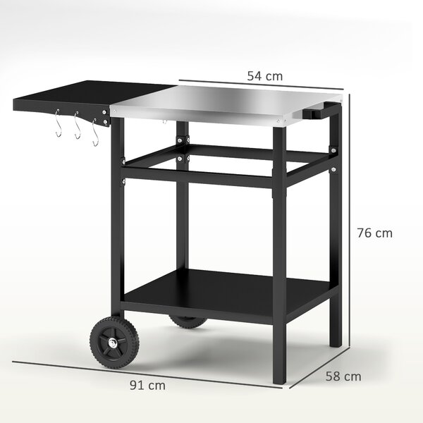 Outsunny Carrello per Barbecue con Piano in Acciaio e Ripiano Richiudibile, Ruote e Ganci, 91x58x76 cm, Nero