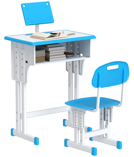 HOMCOM Banco Scuola per Bambini 6-12 Anni ad Altezza Regolabile con Leggio e Mensola, in Acciaio e MDF, Blu