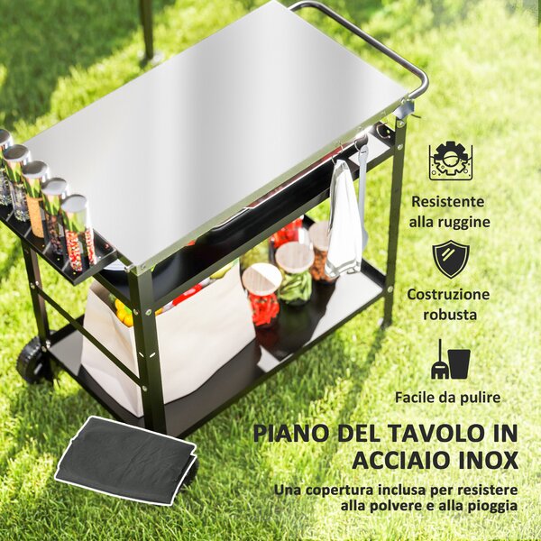 Outsunny Carrello per Barbecue con Piano in Acciaio e Ripiano Regolabile, Ruote e Ganci, 100x52x80 cm, Nero