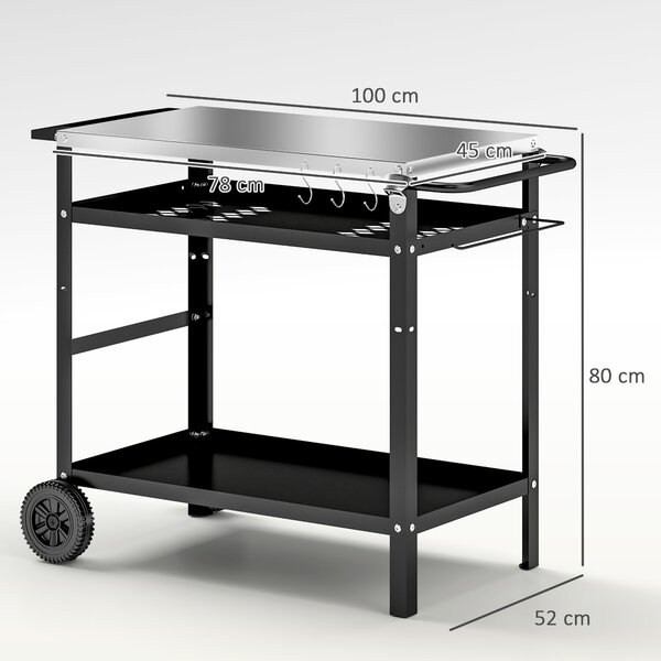 Outsunny Carrello per Barbecue con Piano in Acciaio e Ripiano Regolabile, Ruote e Ganci, 100x52x80 cm, Nero