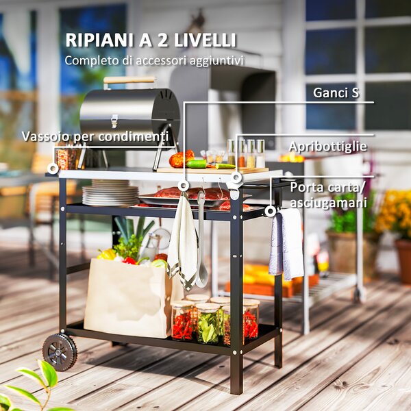 Outsunny Carrello per Barbecue con Piano in Acciaio e Ripiano Regolabile, Ruote e Ganci, 100x52x80 cm, Nero
