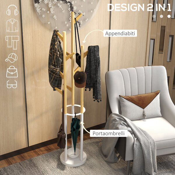 HOMCOM Appendiabiti da Terra di Design con Portaombrelli e 13 Ganci, Metallo e Bambù, 30.5x30.5x174.5cm, Legno e Bianco|Aosom