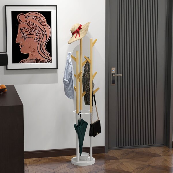 Appendiabiti Da Terra Con Tavolino - 5 Ganci Bambù, MDF E Alluminio, 171cm, Legno E Bianco, Per Ingresso - Foto 3