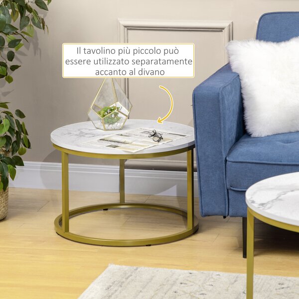 HOMCOM Set 2 Tavolini da Salotto Rotondi e Impilabili in Acciaio e Truciolato, Ø74x46.3 cm e Ø59x38.5 cm, Bianco e Oro|Aosom