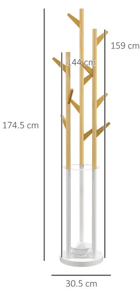 HOMCOM Appendiabiti da Terra di Design con Portaombrelli e 13 Ganci, Metallo e Bambù, 30.5x30.5x174.5cm, Legno e Bianco|Aosom